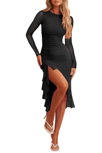 Hocuos Womens 2025 Round Neck Long Sleeve Ruffle Hem Midi Dress Mesh Ruched Bodycon Formal Cocktail Wedding Guest Dresses2