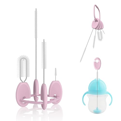 VOGOGE Baby Straw Brush Set, 4 Piece Cleaner Kit with Standable Key Ring, for Sippy Cups, Weighted Straw Cups & Baby Bottles – Designed for 0–24 Months, Pink