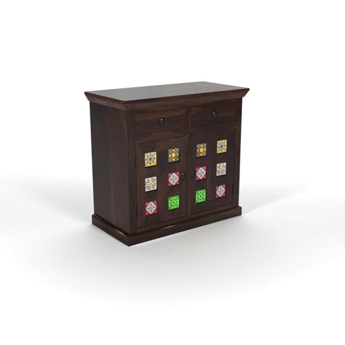 Image of Solid Sheesham Wood Sideboard Cabinet with Doors 2 Rack & 2 Drawers | Wooden Storage Cabinet for Living Room & Dining Room (Walnut Finish)