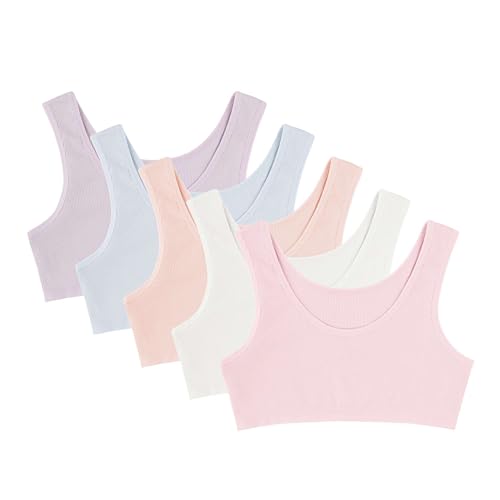 Catálogo de Camisetas interiores deportivas para Niña favoritos de las personas. 47 Donella - Sujetadores de entrenamiento para niñas, brasier deportivo de algodón suave acanalado para niños, paquete de 5 camisetas cortas, Colores brillantes, 6-7 Años