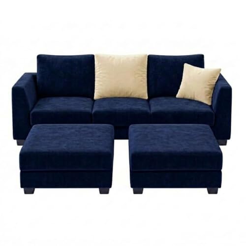 Image of SOCOZI Evanto 5 Seater L Shape Sofa Set with 2 Movable Ottomans | Flexible Layout| Soft Velvet Suede Fabric|Modern Sofa | Plush Comfort Cushions for Living Room (Cream-Dark Blue)