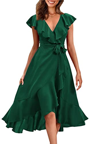 PRETTYGARDEN Women's Summer Cross V Neck Split Party Dress Ruffle Short Sleeve Midi Dress with Belt Casual Long Dresses (Dark Green,Small)