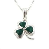 Green Enameled Irish Shamrock Lucky Clover Sterling Silver Pendant with 18" Chain Necklace