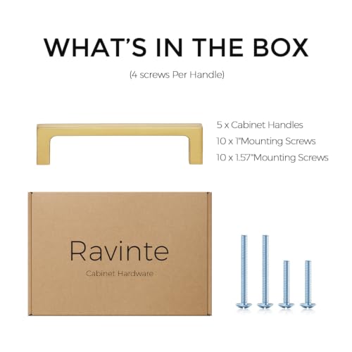 Image of Ravinte Brushed Gold Kitchen Cabinet Solid Handles,4 Inch,5 Pack