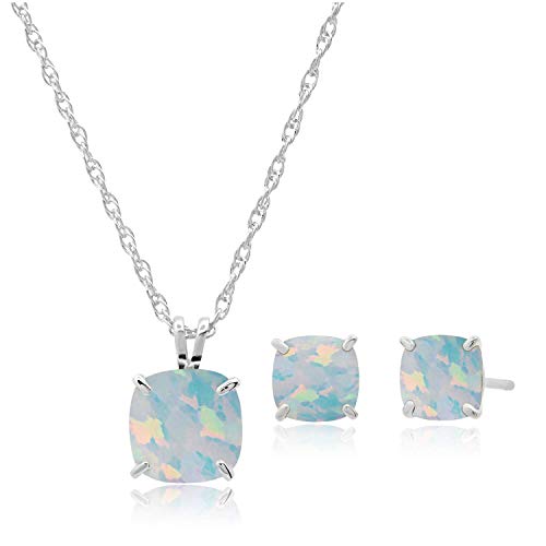 MAX + STONE 925 Sterling Silver Cushion Cut Created Opal Stud Earrings and Pendant Necklace for Women on 18 Inch Chain 6mm & 8mm October Birthstone Jewelry Set