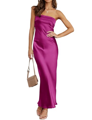 Image of MEROKEETY Women's Summer Satin Strapless Bodycon Dress 2026 Backless Tube Wedding Guest Cocktail Formal Party Maxi Dresses