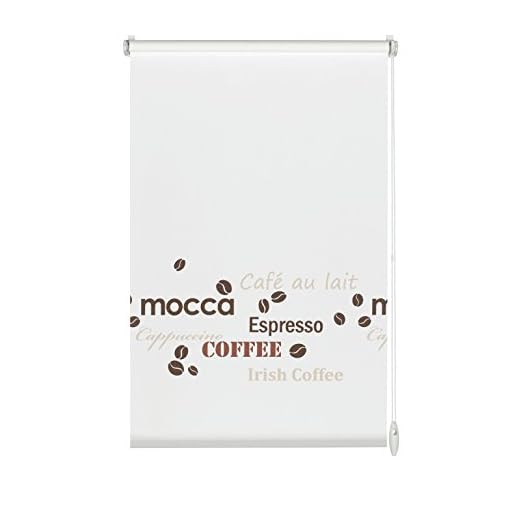 Estor enrollable (60 x 150 cm, montaje sin tornillos), diseño de café con texto, color blanco, tela