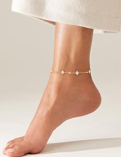 RLMOON Gold Silver Anklets for Women CZ Ankle Bracelet 14K Gold Plated Waterproof Layered Stackable Clover Butterfly Tennis Chain Anklet Trendy Summer Beach Foot Jewelry - Image 6