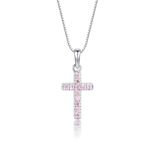 Precious Pieces Girl's Sterling Silver or 14K Gold-Plated CZ Cross Necklace for Baptism, First Communion, or Confirmation Gift