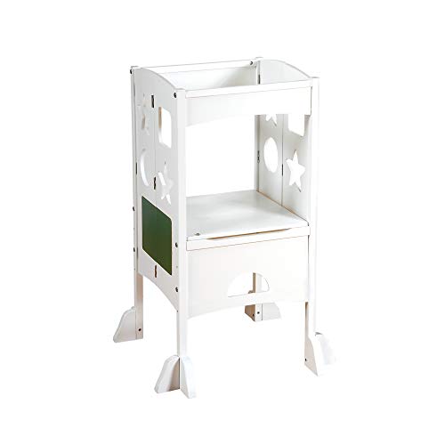 Image of Guidecraft Classic Kitchen Helper® Stool - White with Keepers and Non-Slip Mat: Foldable, Adjustable Height Safety Cooking Tower for Toddlers with Chalkboard | Kids Learning Platform