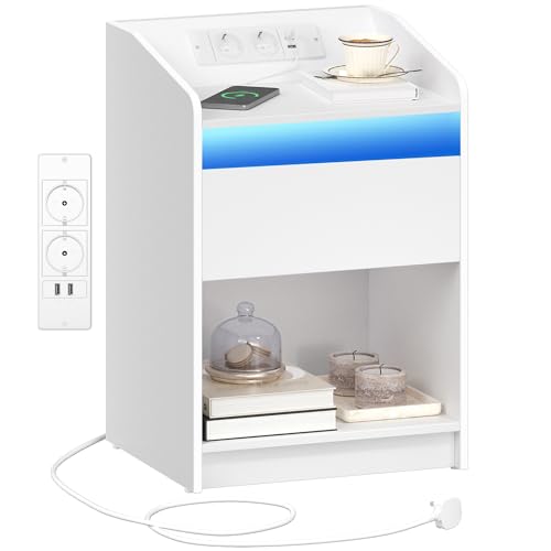 Hzuaneri Table de Nuit avec lumière LED, Tables d'appoint avec Station de Charge, 1 tiroir de...