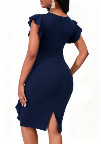 Image of PerZeal Women's 2026 Flutter Sleeve Bodycon Midi Dress Sexy Crew Neck Knit Ruffle Wear to Work Cocktail Party Pencil Dresses
