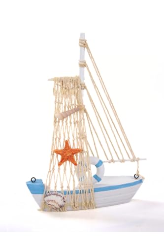 Mukko Home Marin Tekne Deniz Kabuklarıyla Süslenmiş Ahşap Yelkenli Biblo Ofis Dekorasyon Tekne 22,5 Cm X 15 Cm, Mavi Yildiz, 22 X 15