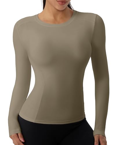 SPVISE Khaki Women's Compression Long Sleeve Shirts Workout Tops Dry Fit Nylon Running Athletic T-Shirt Performance Yoga Tops