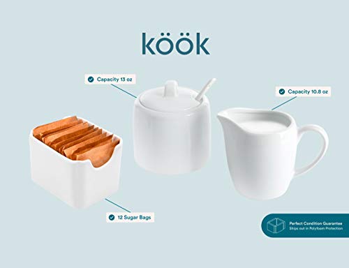 Kook Sugar And Creamer Set, 3 Piece, Pitcher, Sugar Bowl With Lid And Spoon, Sweetener Holder (White) #TOP4