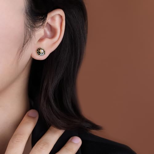 Reffeer Solid 925 Sterling Silver Flower Stud Earrings for Women Teens Black Flower Stud Earrings Pearls2