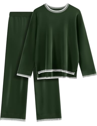 TOMEEK Conjunto Punto Mujer Dos Piezas Casual Chandal Completo Mangas Largas Tejido y Pantalones Suelto Cómodo Moda Conjunto De Pijama Salón Deportivo Color Sólido(Verde militar,M)