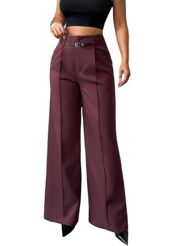 LKOUS High Waisted Wide Leg Dressy Trousers for Women Wine