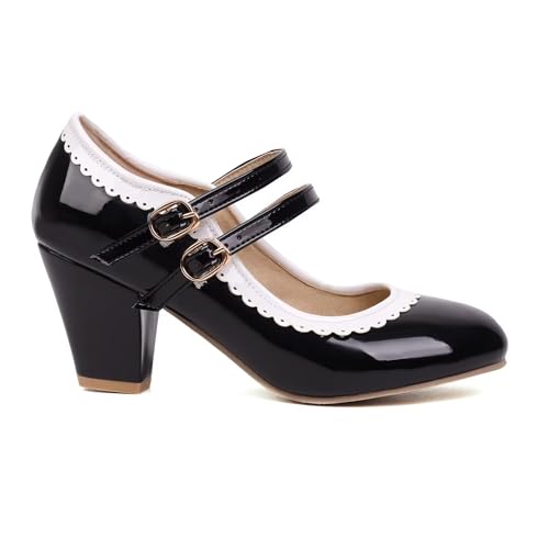 Women's Low Heels Mary Janes Shoes Chunky Closed Toe Straps Block Heels Sweet Dress Wedding Party Pumps Shoes Female Large Size3