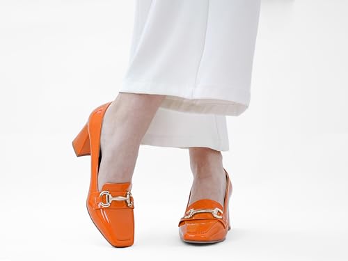 Image of Womens Mid Block Chunky Heeled Loafers Closed Square Toe Patent Leather Comfortable Slip On Pumps Metal Chain Basic Classic Casual Work Office Dress Shoes 2.8 Inches Heels