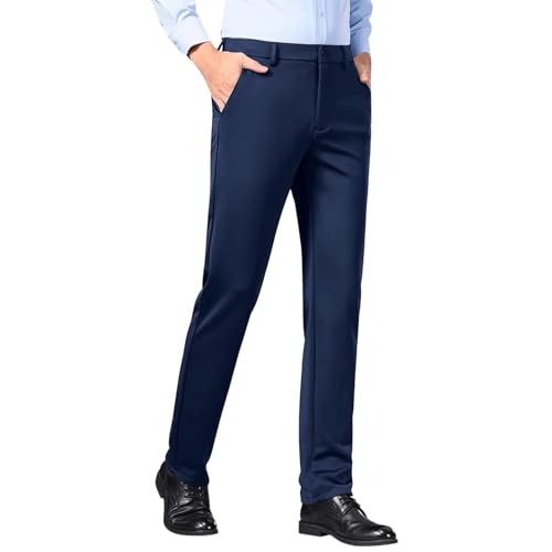 Men's Slim Fit Stretch Dress Pants Wrinkle-Resistant Flat-Front Suit Pants Vintage Business Wedding Work Trousers