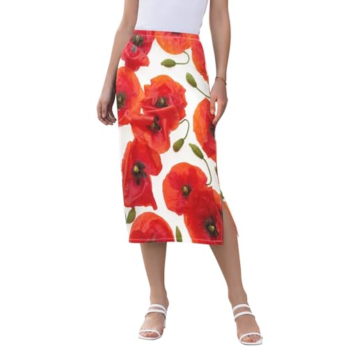 Amazon.com: Yasala Botanic Women Midi Skirt Red Poppy Green Bud