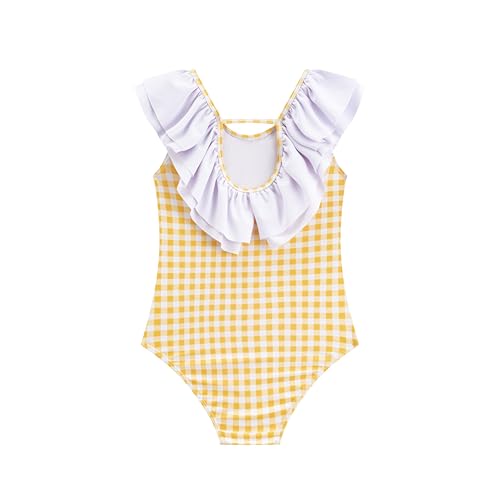 LIZENS Girls One Piece Swimwear Ruffle Trim 2-12Years Flounce Checkered Beach Bathing Suit Hollow Out2