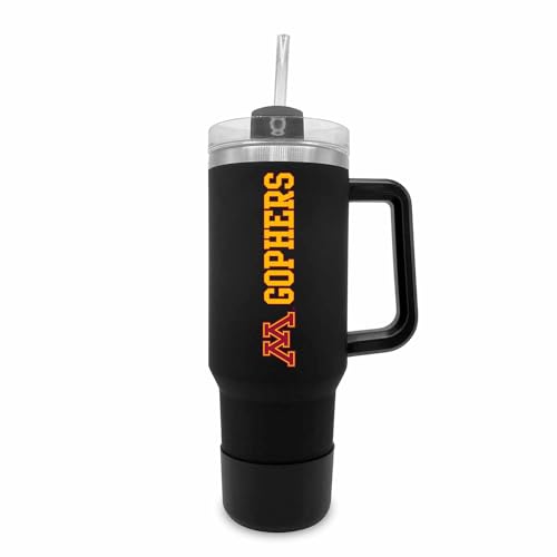Image of Campus Colors College & University 40 oz Travel Tumbler With Handle - Dual Option Lid With Straw - Vacuum Insulated Stainless Steel (Minnesota Golden Gophers - Black)