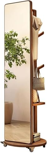 Espejo de cuerpo completo, espejo de piso de madera giratorio de 360° con perchero, espejo 2 en 1 y estante para dormitorio, sala de estar