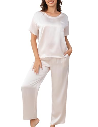 THXSILK Mulberry Silk Womens Pajama Set with Pocket 2 Piece Lounge Sets for Women Short Sleeve Sleepwear Tops and Long Pants(Blush Nude S)