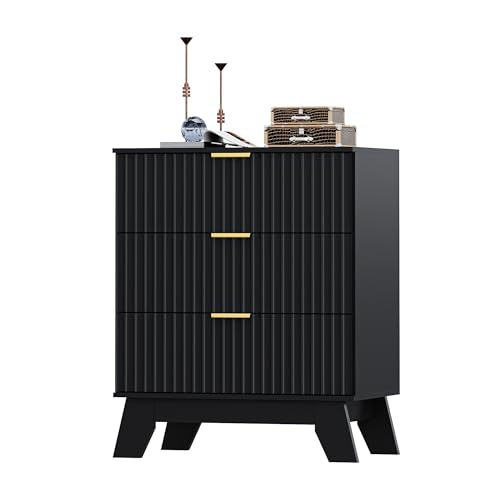 Image of HUANLEGO Fluted Nightstand with 3 Drawer for Bedroom, Black | Mid Century Modern Beside Table with Metal Handle, Wooden End Table with 3 Drawers for Living Room, Closet, Entryway