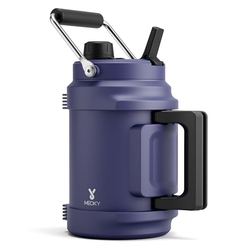 Image of 64 oz Insulated Water Bottle for Gym: Meoky Triple Wall Vacuum Stainless Steel Half Gallon Water Jug - Top and Side Handles, 2-in-1 Straw and Spout Lid, Cold for 36 Hrs, Leak Proof for Camping (Navy)