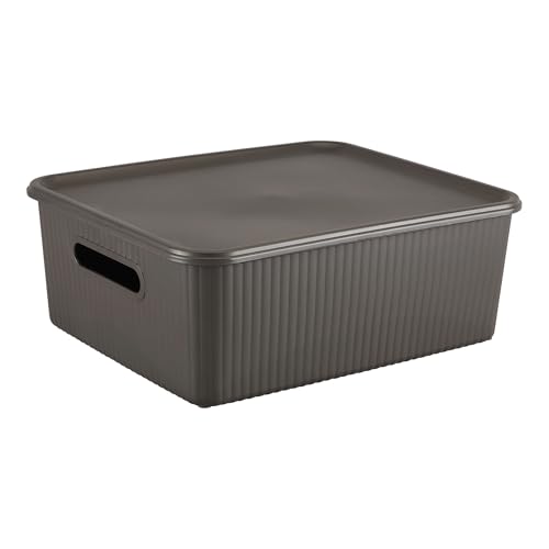 Image of Kolorr Ribbed Baskets Medium Pack of 1 With 1 Standard Lid (Non-Airtight Loose-Fit Cover) Multipurpose Plastic Storage Baskets For Cloths Wardrobe Home Kitchen & Livingroom I Dark Brown