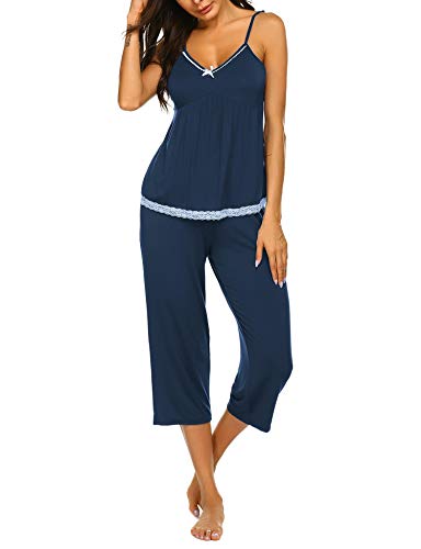 Ekouaer V-Neck Pjs for Women Ladies Capri Pajamas Sets Plus Size Two Piece Capri Set Navy XXL
