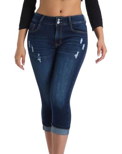 Women's Capri Pants Skinny Stretchy Ripped High Waisted Cuffed Denim Jeans