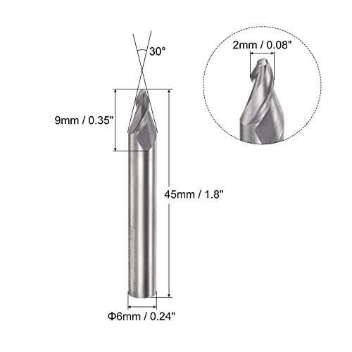 Image of uxcell Tapered Ball Nose End Mill, Uncoated Solid Carbide 2 Flute Spiral Milling Cutter, 1mm Radius, 2mm Diameter, 6mm Shank, 45mm Length, 30 Degree Angle