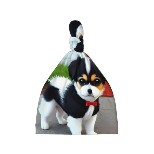 Newborn Baby Hat, Black and White Puppy Print Soft Top Knot Beanie Cap, Cute Baby Headwear for 0-6 Months