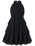 Move Dance Girls Halter Neck Dress Black Summer Flared Midi A-Line Sundress Swiss Dot Sleeveless Casual Layered Chiffon Dresses with Belt 8-9 Years Old
