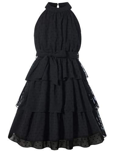 Move Dance Girls Halter Neck Dress Black Summer Flared Midi A-Line Sundress Swiss Dot Sleeveless Casual Layered Chiffon Dresses with Belt 10-11 Years Old