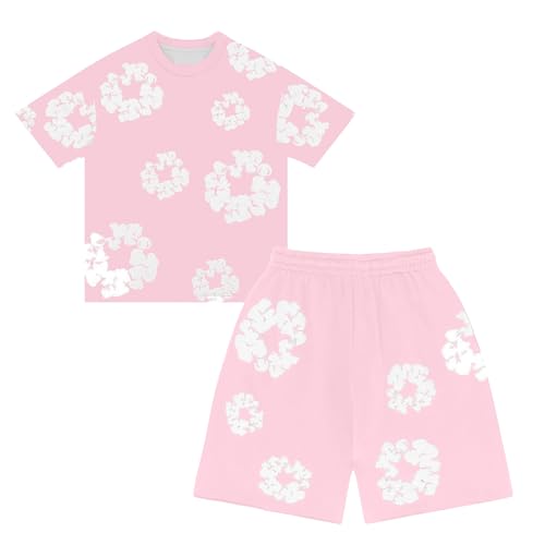 Jungen T-Shirt und Shorts Set 2 Teiliges Kinder Sommer Jogginganzug Y2K Kurzarm T-Shirts und Kurze Hose Zweiteiler Jungen Blumen Outfits Sportanzug Hip Hop Streetwear (6-7 Years)