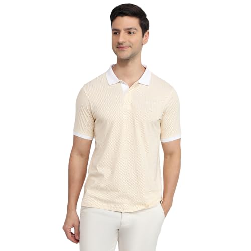 Image of Raymond Men Modern Fit Print Pattern Pure Cotton Polo Neck Half Sleeve Casual T-Shirt