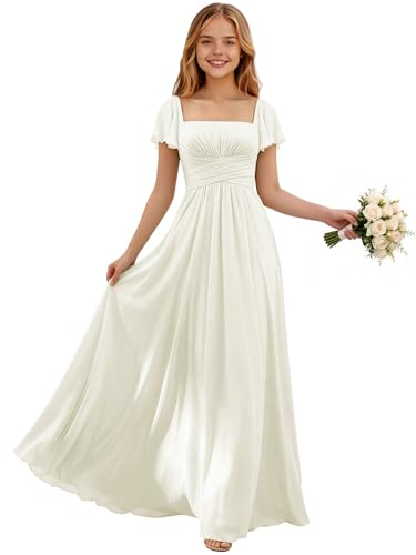 MarhJean Short Sleeve Junior Bridesmaid Dresses Long Ivory First Communion Dress Chiffon Flower Girl Dress Teen Girls Formal Party Gown 2026 Size 8
