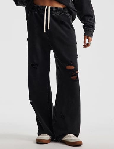 Gihuo Mens Acid Wash Sweatpants Distressed Washed Pants Drawstring Elastic Waist Wide Leg Ripped Pants3