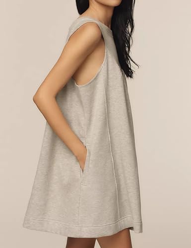 Image of Women's Sleeveless Shift Mini Dress Ruched Crew Neck Casual Shirt Tank Dress Flowy Beach Vacation Cute Trendy Short Sundress Grey