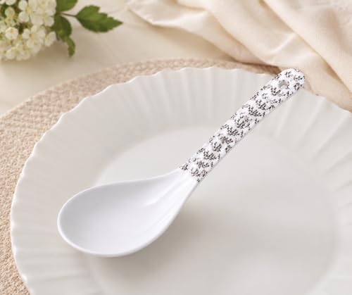 Image of Melvio By Malti 2 Pcs Serving Spoon Set for Dining & Serving | Premium Melamine Soup & Curry Spoons with Elegant Floral Design | Dishwasher Safe Serving Spoons for Rice, Dal | White, 9 Inch