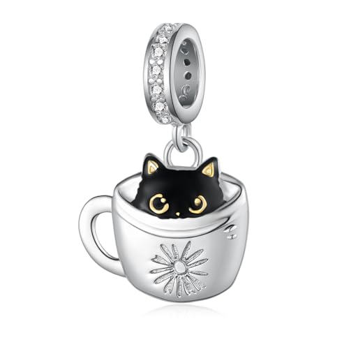 Black Cat Charm 925 Sterling Silver Cat Charms for Bracelets Cute Animal Jewelry Gifts for Women