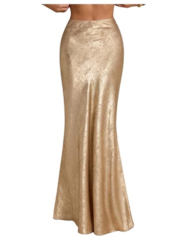 MakeMeChic Women's Metallic Flowy Skirt High Waist Fishtail Party Cocktail Maxi Long Skirts Gold Small
