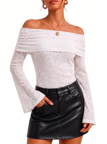 GERT COREL Women's Off Shoulder Tops Bell Long Sleeve Lace Going Out White