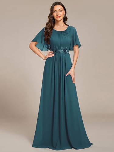 Image of Ever-Pretty Women's Classic Round Neck Pleated Short Sleeves Chiffon Appliques Floor Length A Line Formal Evening Dresses