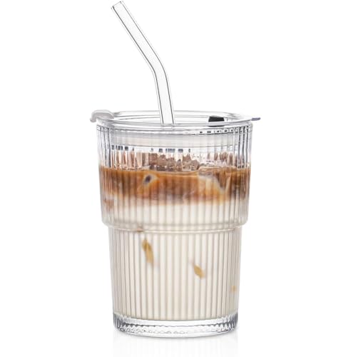 Image of Glass Mug with Bamboo Lid and Straw, 510ml, for Cold Drinks, Smoothies, Coffee(Pack of 1) (Ribbed Glass Mug)